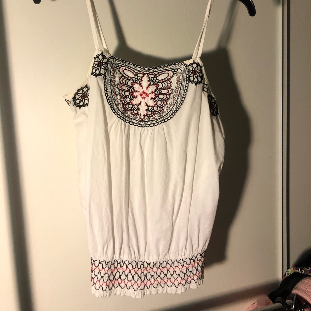 White, black and red pattern top